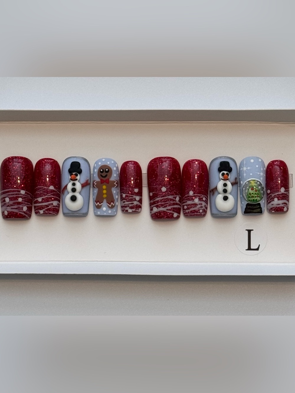 Holiday Red & Gray Press-On Nails with Snowman and Gingerbread Designs